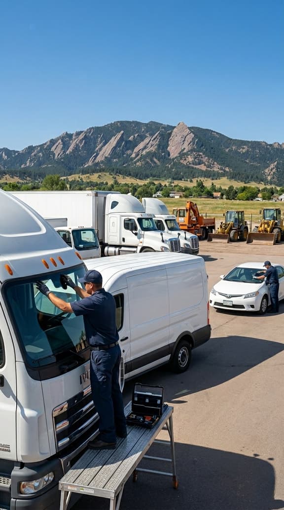 FleetFix technicians replacing glass on a box truck and a passenger car at a Front Range fleet yard